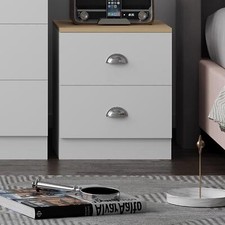 Image of Matt White 2 Drawer Bedside Cabinet Bedroom Furniture Oak Top Metal Cup Handles