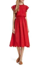THE GREAT. Red Valentine Embroidered Silk Keyhole Blouson Midi Dress 1 = S 4/6