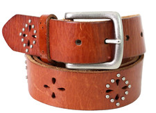 PERFORATED BROWN GENUINE LEATHER 1.4"Wd STUDDED CASUAL WOMEN'S BELT L 36" F32