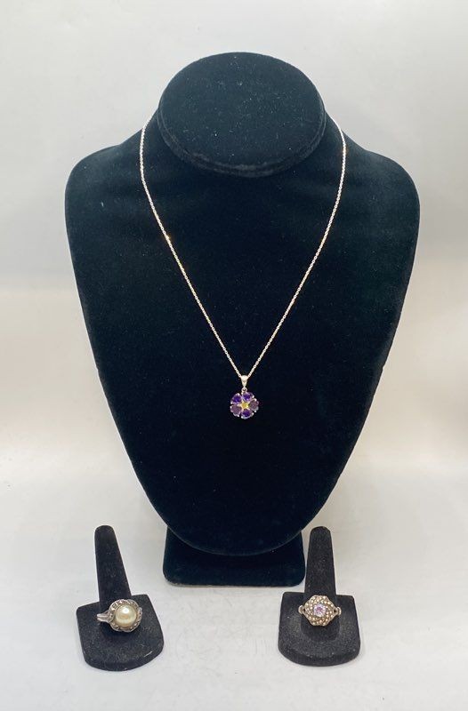 Sterling Silver 925 Amethyst Pearl Jewelry Lot Necklace 2 Rings Sizes 8 9.5