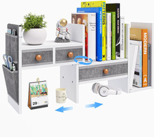 Adjustable Desk Shelves for Storage, Desktop Bookshelf with 3 Drawers, White Woo