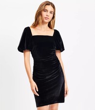 Loft Dress Size 6 Velvet Gathered Square Neck Mini Dress Black Puff Sleeves