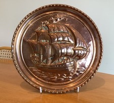 Charming Vintage Copper Ship Design Plate Wall Hanging with Hook D8&rdquo; VGC
