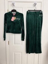 NWT JUICY COUTURE Size L Velour Bling Tracksuit Hoodie Pants Set Evergreen