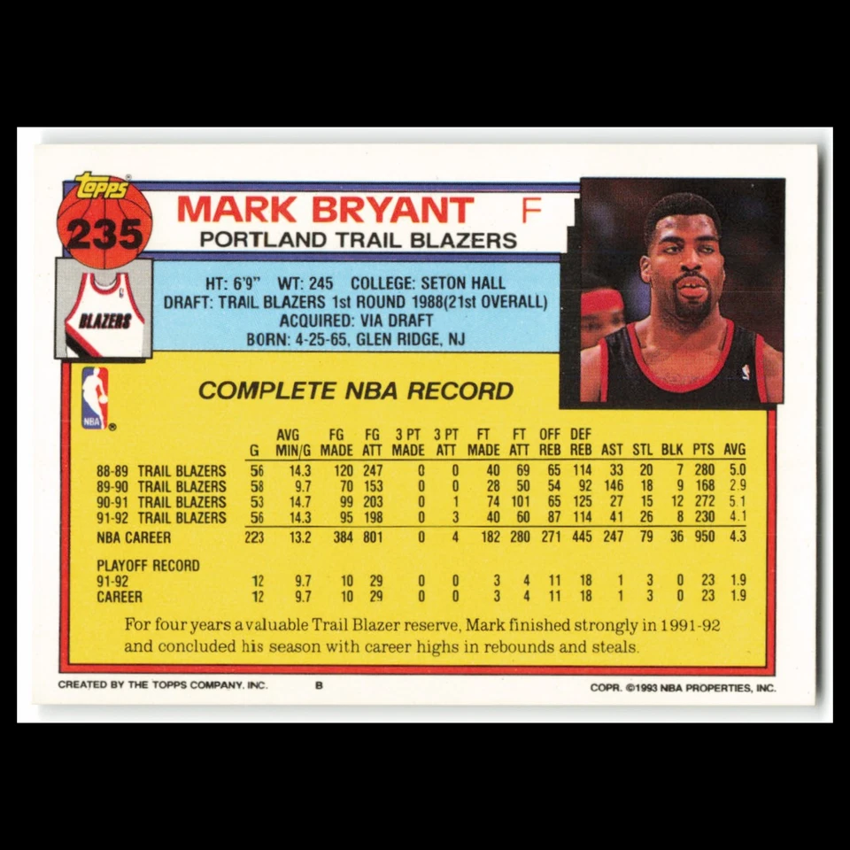Mark Bryant #235 1992 Topps Portland Trail Blazers Basketball Card NBA NM - Image 2 of 3