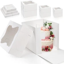 15 Pack Cake Boxes with Window, Square Tall Cake Box in 3 Sizes 12x12x12 & 10...