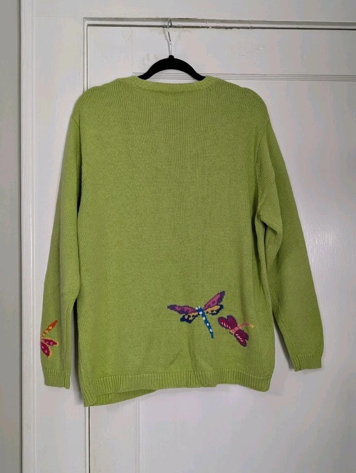 VTG Quacker Factory Lime Green Dragonfly Bee Floral Cardigan Sweater Women’s L - Image 3 of 4
