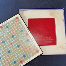 Scrabble 1966 Deluxe Edition Raised Rotating Board Red Scoring Trays w Pegs