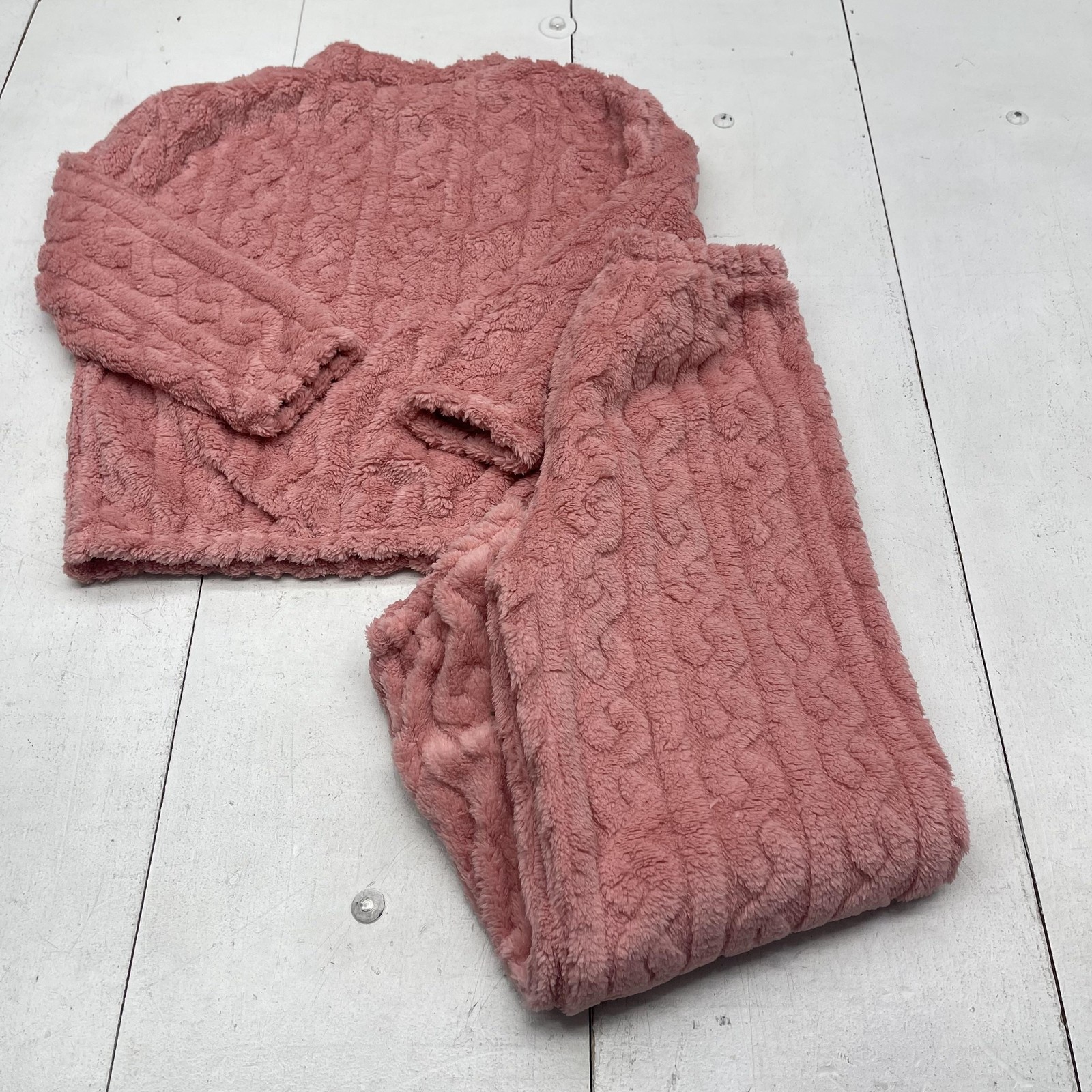 Z.Y Pajama Set Womens Medium Pink Fleece Plush Cable Knit Lounge Sleepwear Cozy