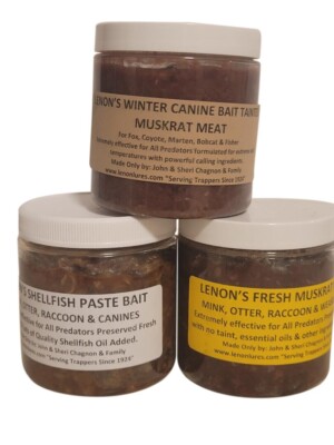 LENON'S TRAPPERS BAIT DEAL #2 8 OZ JAR OF SHELLFISH , WINTER MUSKRAT & FRESH RAT