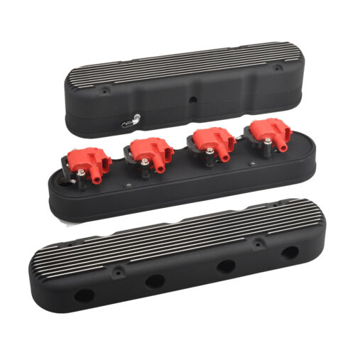 Finned Vintage Hidden Coil Aluminum Valve Cover For Chevy LS - Black - Foto 4 di 10