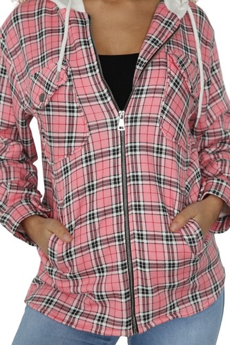 Ladies Hooded Check Baggy Long Sleeve Shacket Top Womens Shirt Blouse Jacket - Picture 6 of 6