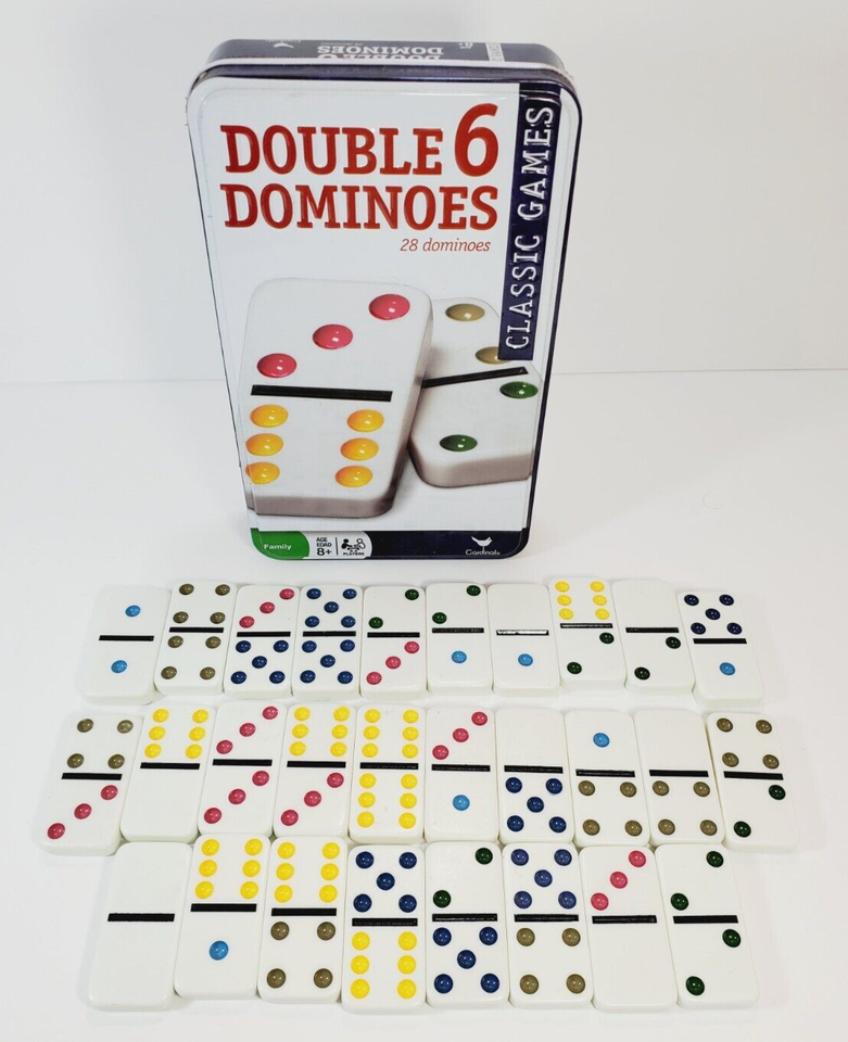 CLASSIC GAMES Double 6 Dominoes 28 Color Dots Dominoes In Tin Box classic-games-double-6-dominoes-28-color-dots-dominoes-in-tin-box