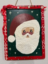 Retro Santa Christmas Hanging Wall Sign 12" x 9.5" Hand Painted Textured Beard
