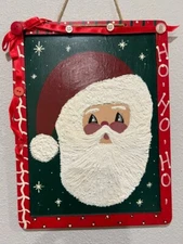 Retro Christmas Hanging Wall Sign  12"x9.5" Hand Painted Santa Textured Beard