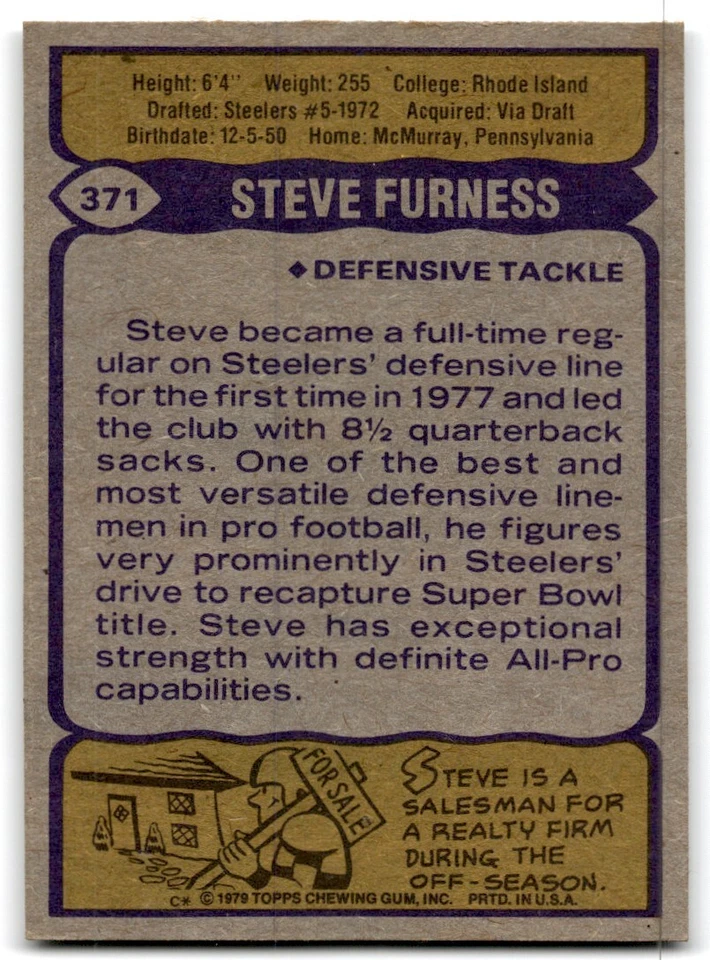 1979 Topps Football Card Steve Furness Pittsburgh Steelers #371 - Image 2 of 2