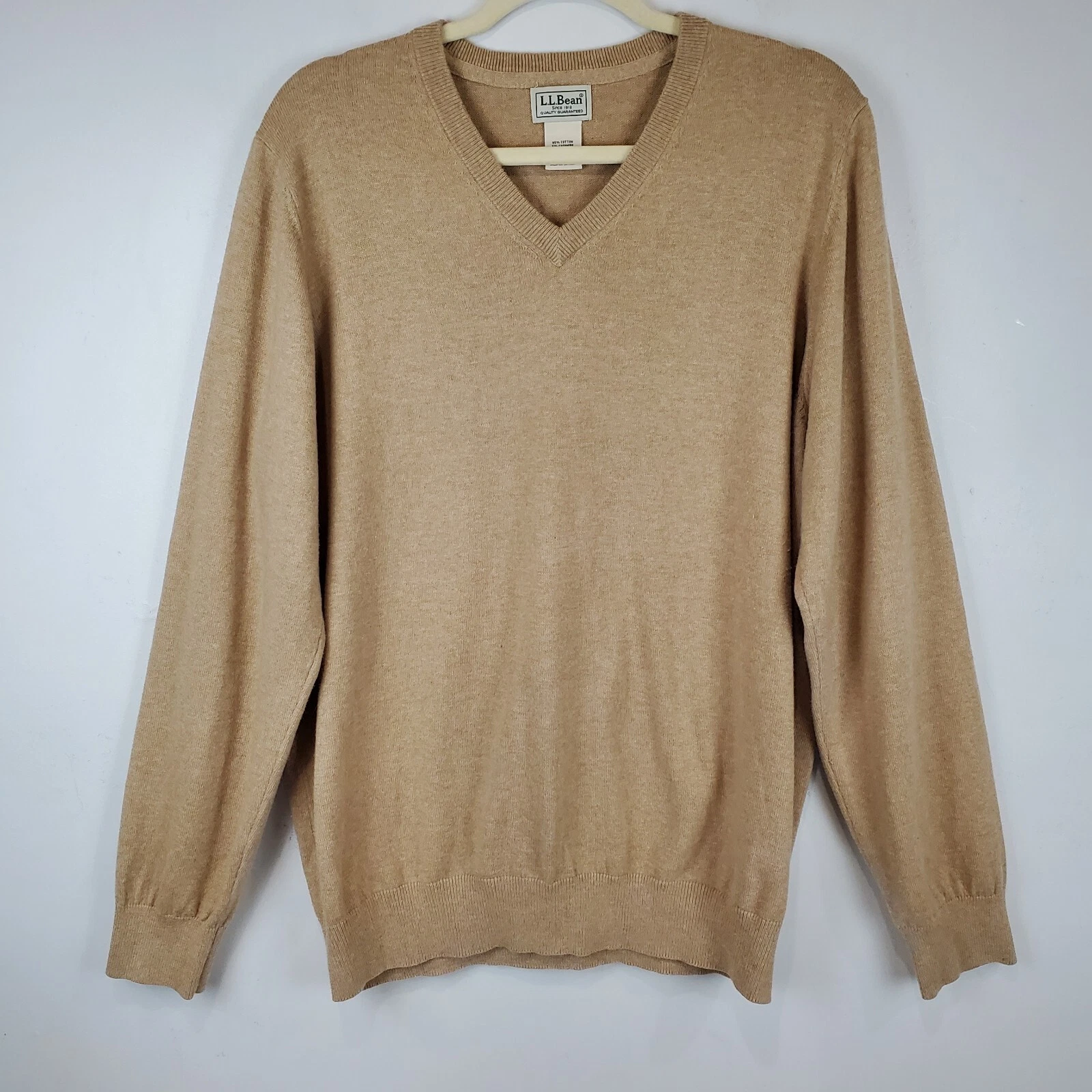 LL Bean Sweater Mens Large Pullover Cashmere Blend Tan Vneck Casual Adult