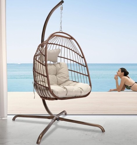 Hanging Egg Chair Foldable Hammock Stand Steel Soft Cushion Patio Wicker Rattan