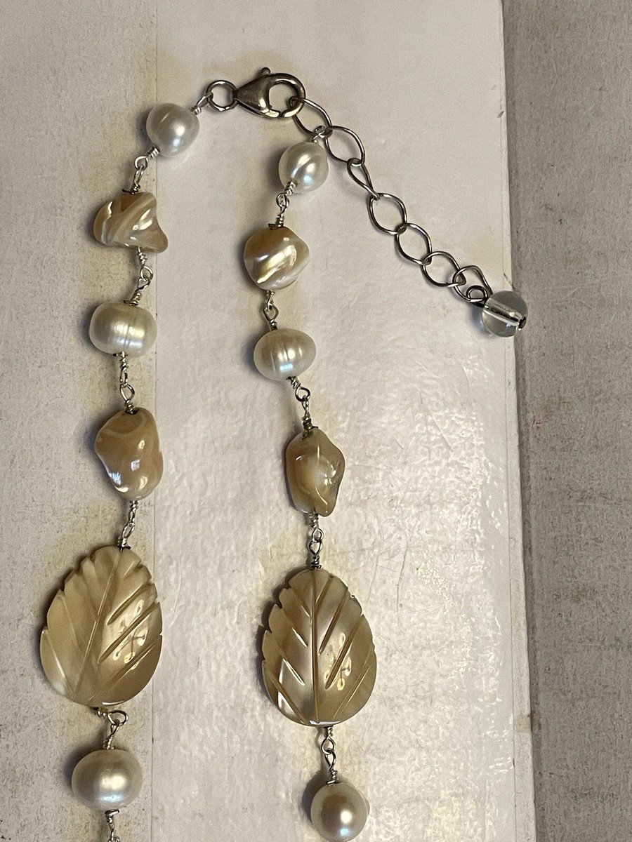 Vintage Necklace Freshwater Pearls & Mother of Pearl Sterling Chain / Connectors View 3