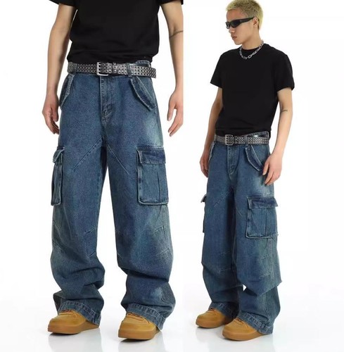 Mens Dark Blue Cargo Denim Jeans Big Pockets Straight Leg Casual Pants Work Punk