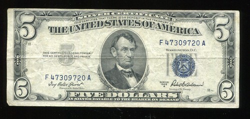 1953A $5 SILVER CERTIFICATE (D65) BLUE SEAL - Bild 1 von 2