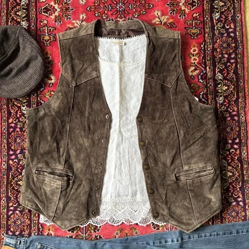 Cody James Mens Brown Distressed Leather Western Vest Buffalo Buttons Large - product listing photo