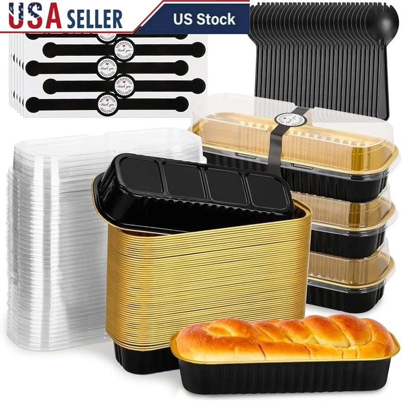 60 Pack Disposable Mini Loaf Cake Pans W/ Lids Spoons Stickers Parties New