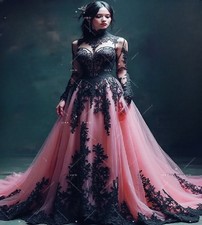 Charming Pink And Black Gothic Wedding Dress Long Sleeve Lace Bohemian Bridal