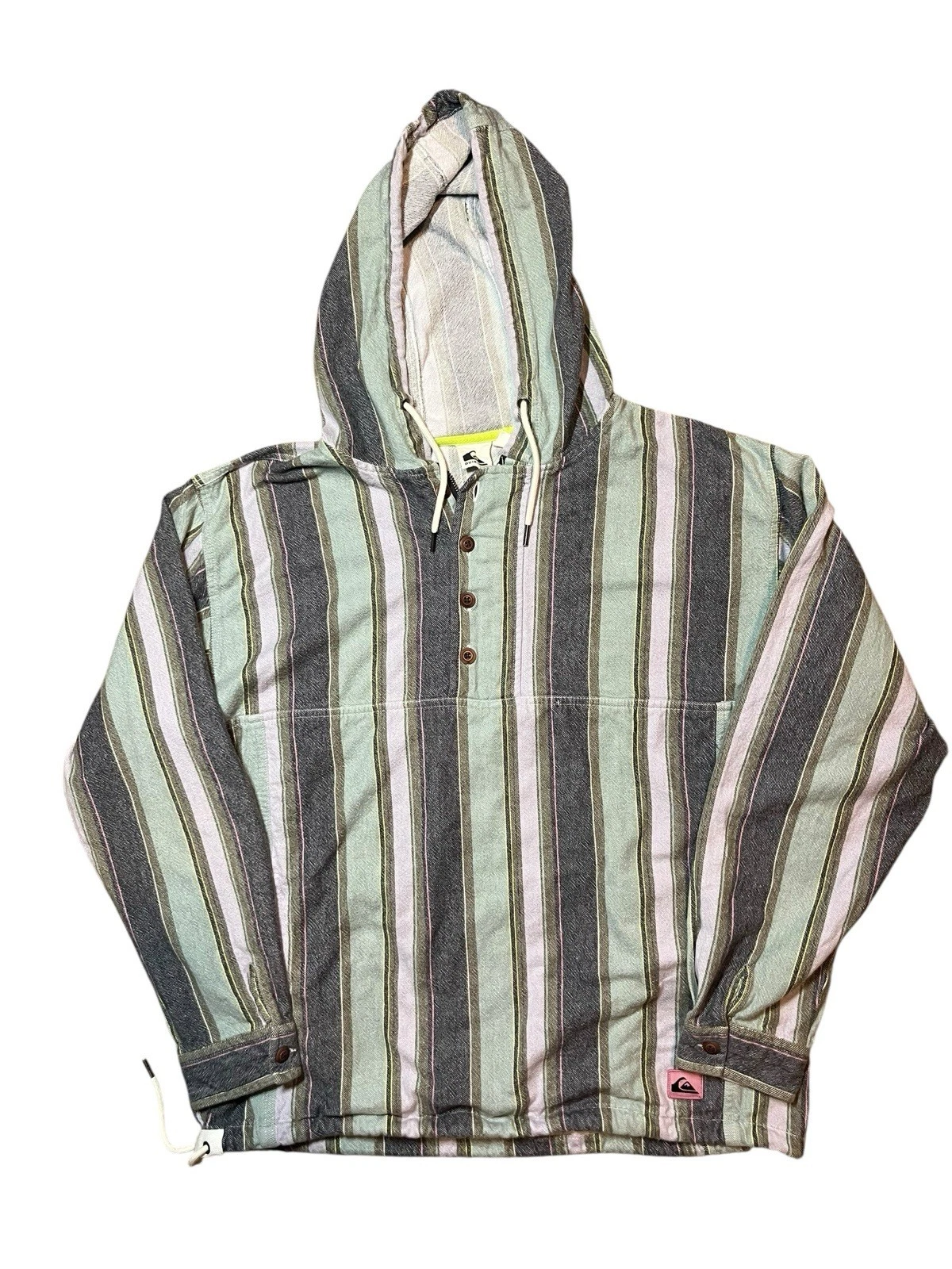 Quiksilver Y2k Baja Hoodie Mens Large Striped Pullover Hooded Surfwear Button