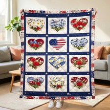 USA Patriotic Floral Quilt Blanket American Flag Heart Throw Cozy Gift HomeDecor
