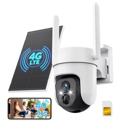 Cellular Security Camera 4G LTE Solar SIM Card 2K 360° Pan Tilt Motion Detection
