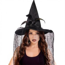 Witch Hat for Women with Veil, Gothic Lace Halloween Costume Accessories, Poi...