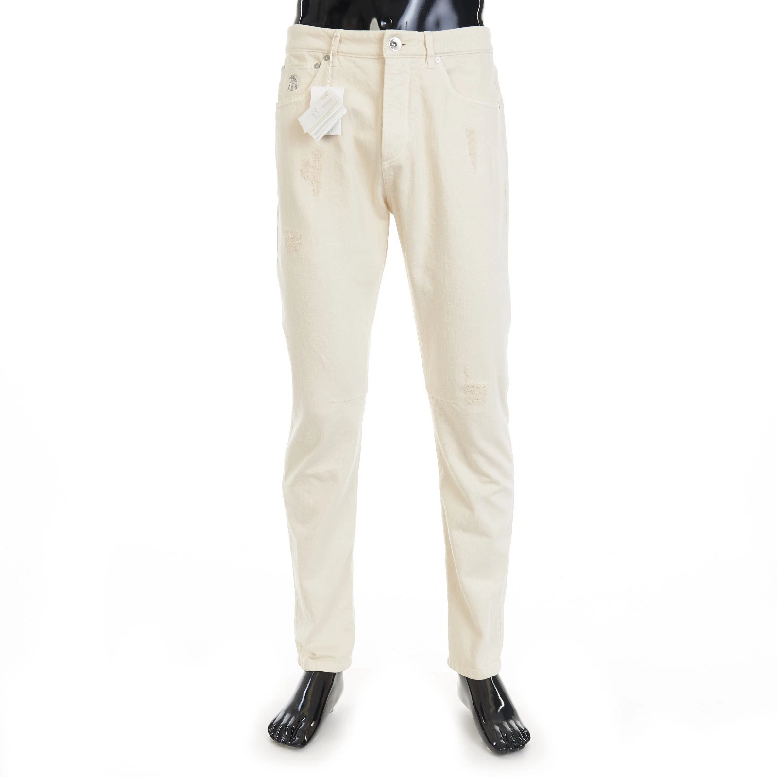 Brunello Cucinelli — BRUNELLO CUCINELLI 995$ Five-Pocket Trousers - Off White Rip Denim, Leisure Fit