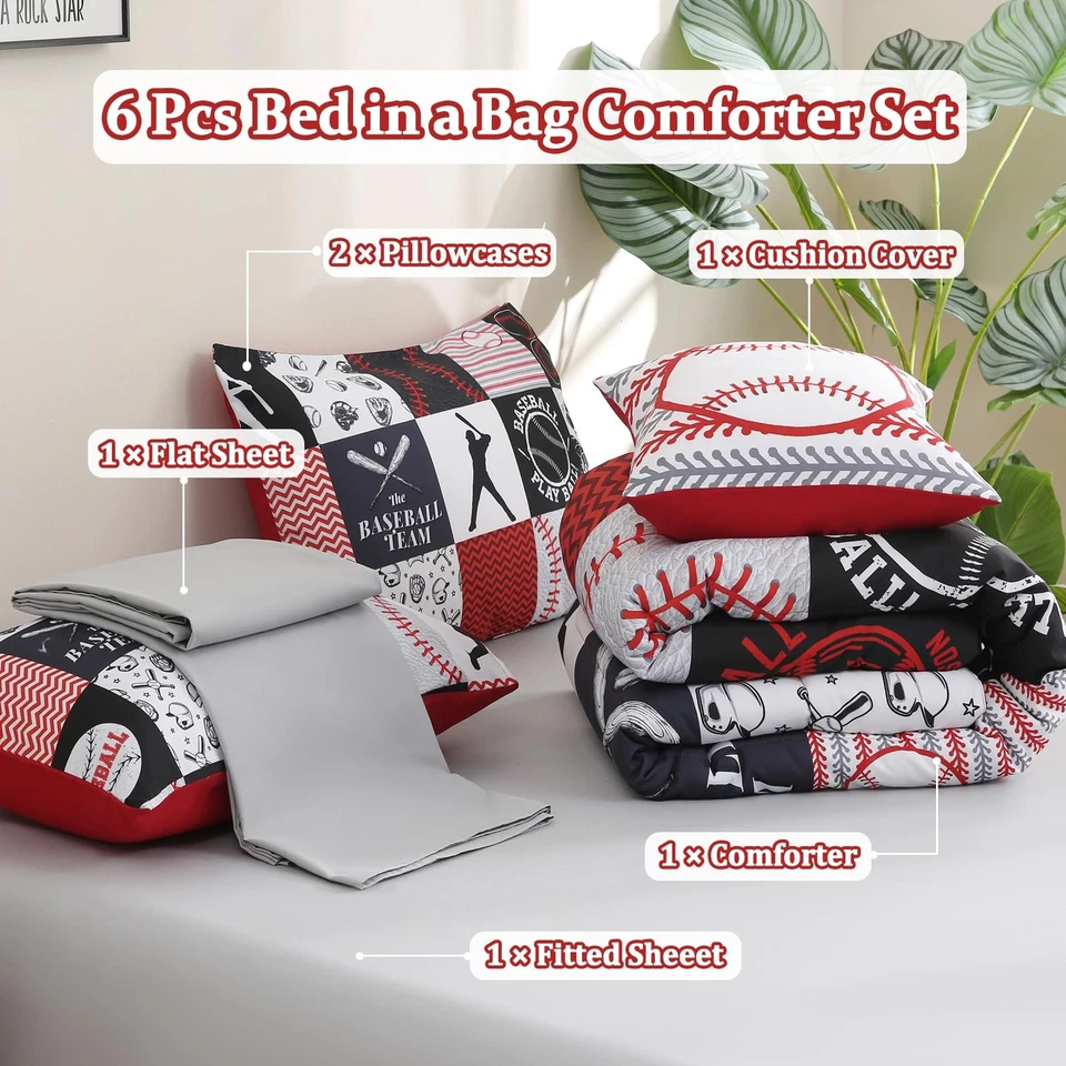 Juego de edredón deportivo de 6 piezas de béisbol con sábanas para... Foto 3 de 4