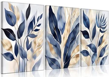 YOXORDQ 3Pcs Blue leaves Canvas Wall Art Abstract Blue Botanical Poster Print...