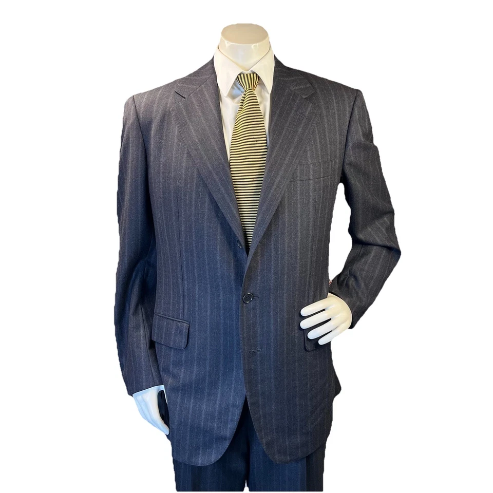 Juego de traje vintage de 2 piezas Luciano Barbera para hombre 42L 36x31 franela de lana a rayas Italia Foto 2 de 4