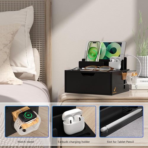 Bamboo Charging Station for Multi Device, with Power Charger & Cables, Nights... - 第 5/8 張圖片