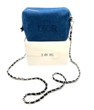 New! Christian Dior Denim Blue Cosmetic  Zipper Bag  Pouch Clutch  with Chain