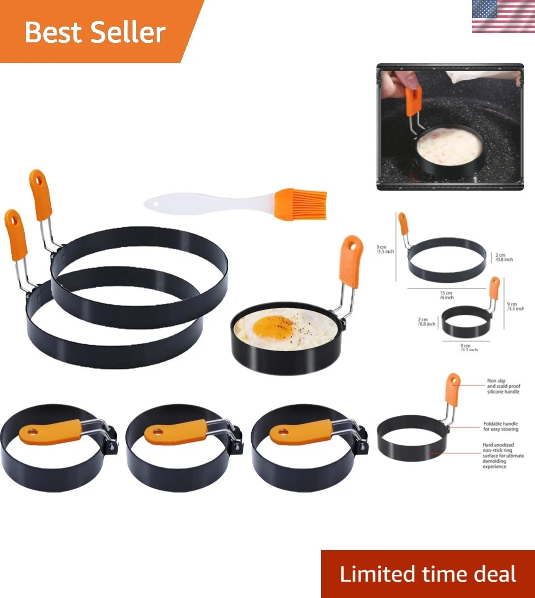 3.5" Egg Rings 6“ Pancake Mold with Silicone Handle, Round Mold for English M...