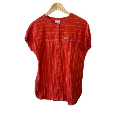 Columbia Red & White Stripe Cap Sleeve Button-Down Shirt Women's Medium