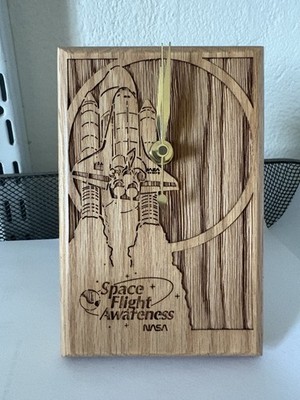 Vintage  NASA Engraved Wood Plaque Clock Rockwell Manned Flight Awareness
