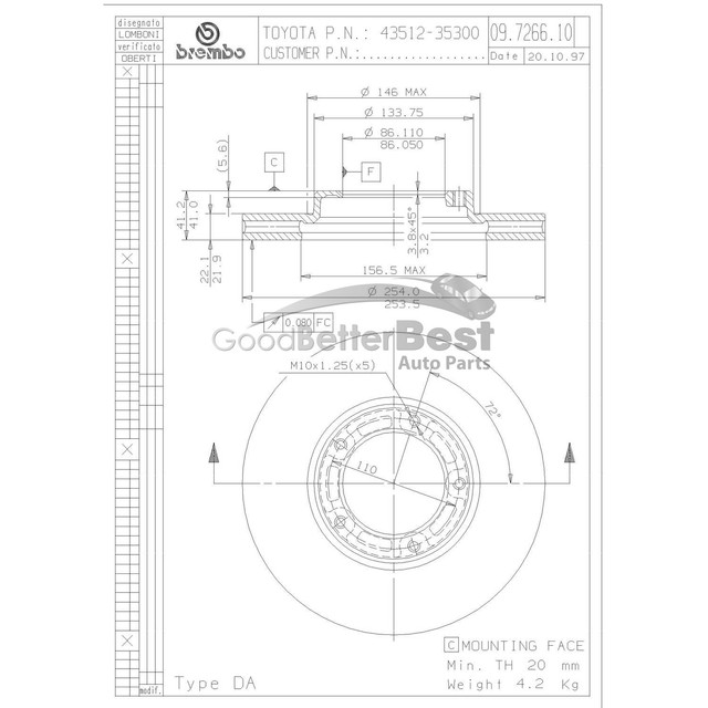 One Brembo Disc Brake Rotor Front 09726611 4351204010 for Toyota
