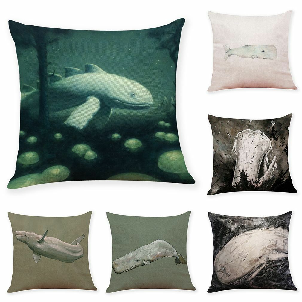 18 Inch Whale Print Cotton Linen Sofa Cushion Cover Decorative Pillow Case  
