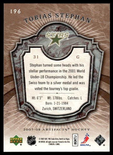 2007-08 Upper Deck Artifacts ROOKIE Tobias Stephan Rookie /999 Dallas Stars #196 - Picture 2 of 2