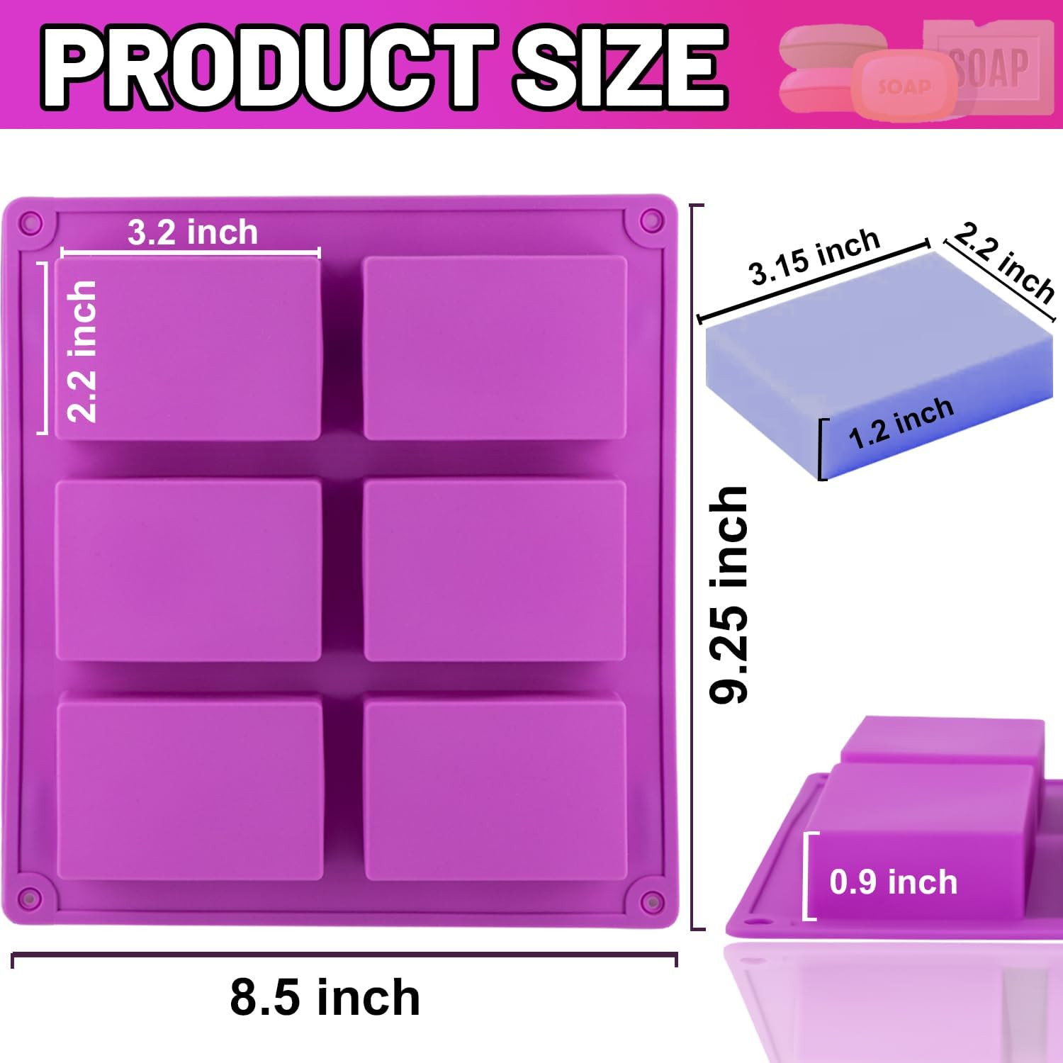 2 Pack Silicone Soap Molds, 6 Cavities Rectangle Silicone Soap Molds, Great for 