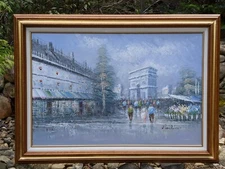 Moulin Signed 1950s 36x24" Original Oil on Canvas Painting Paris Arch de Triumph