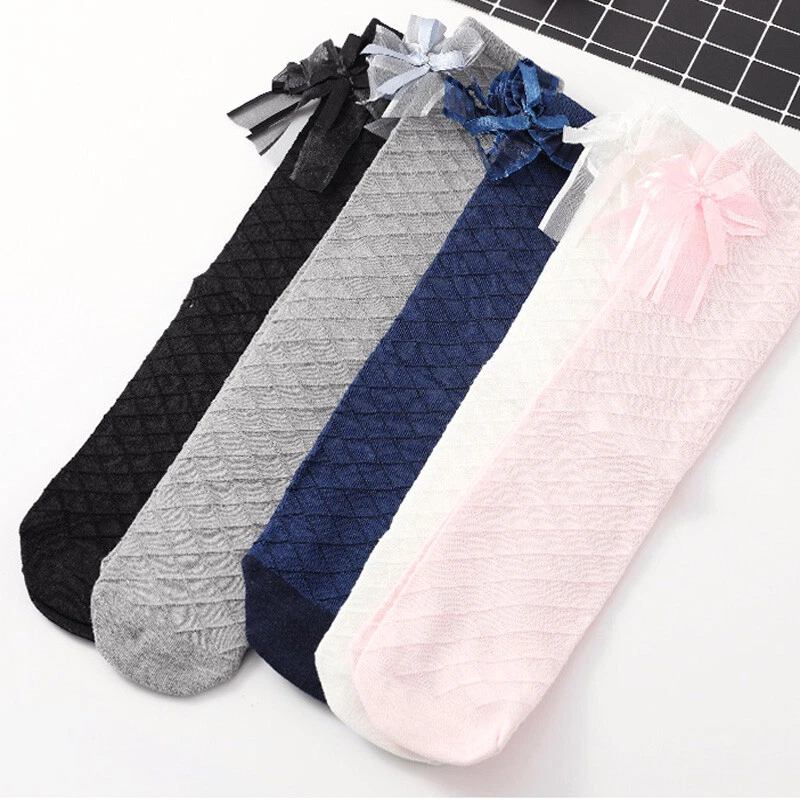 3 Paar Kinder Mädchen Baumwollmischung Lange Socken Schleife Kniehoch Prinzessin - Bild 3 von 4