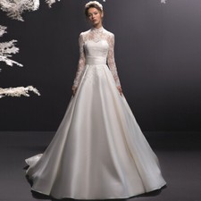 Elegant A-Line Wedding Dresses High Neck Long Sleeved Satin Applique Bridal Gown