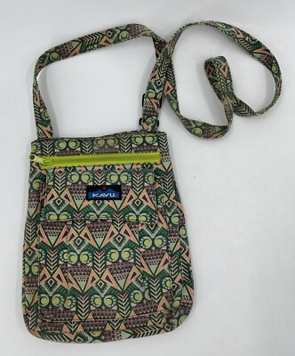 KAVU Canvas Crossbody Adjustable Small Bag Featured In Greens & Corals Geometric