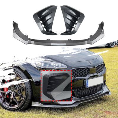 Carbon Look Front Bumper Lip + Vent Hole Cover Body Kit For 18-24 KIA Stinger GT